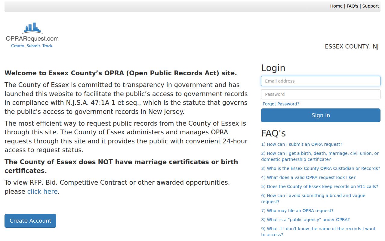 West Orange residents directory Essex County OPRA request portal