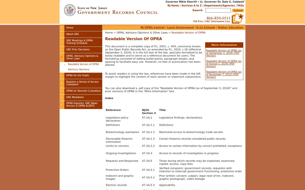 West Orange residents directory New Jersey OPRA statute page