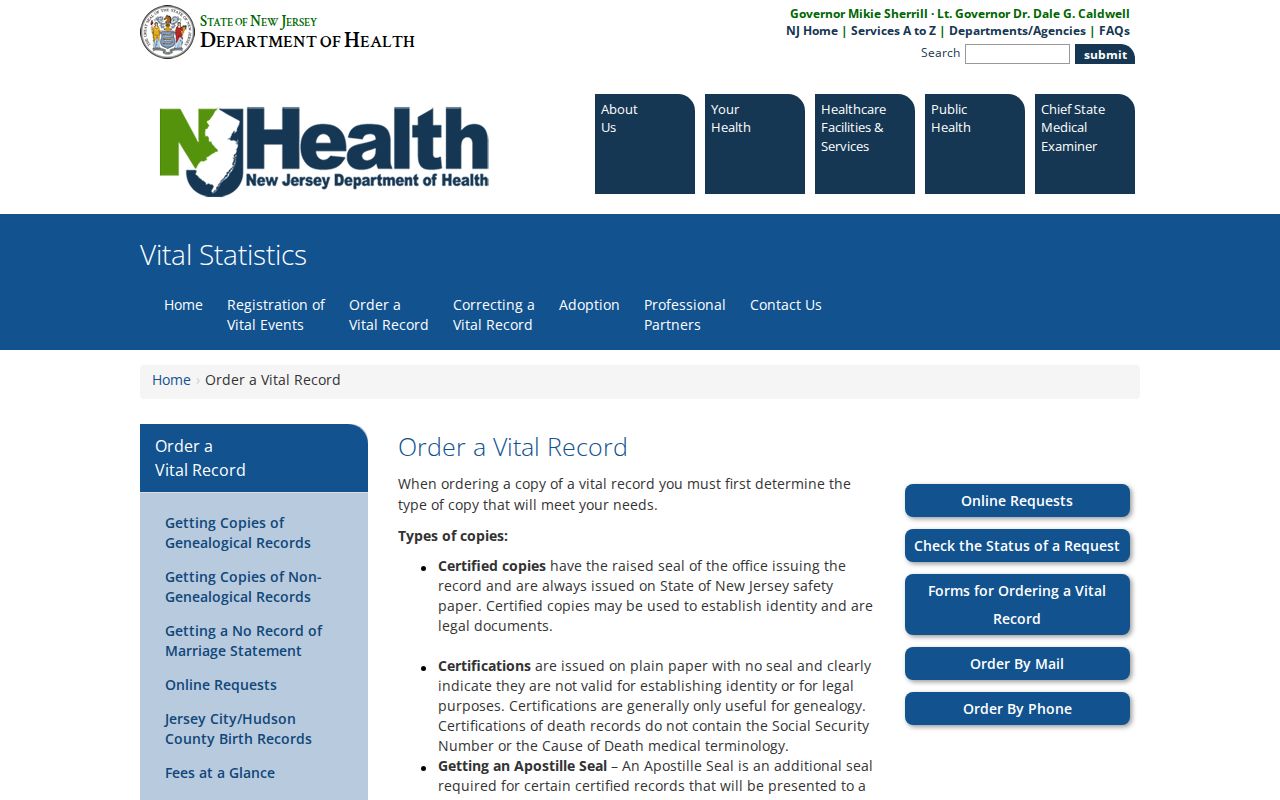 West Orange residents directory New Jersey vital record ordering page