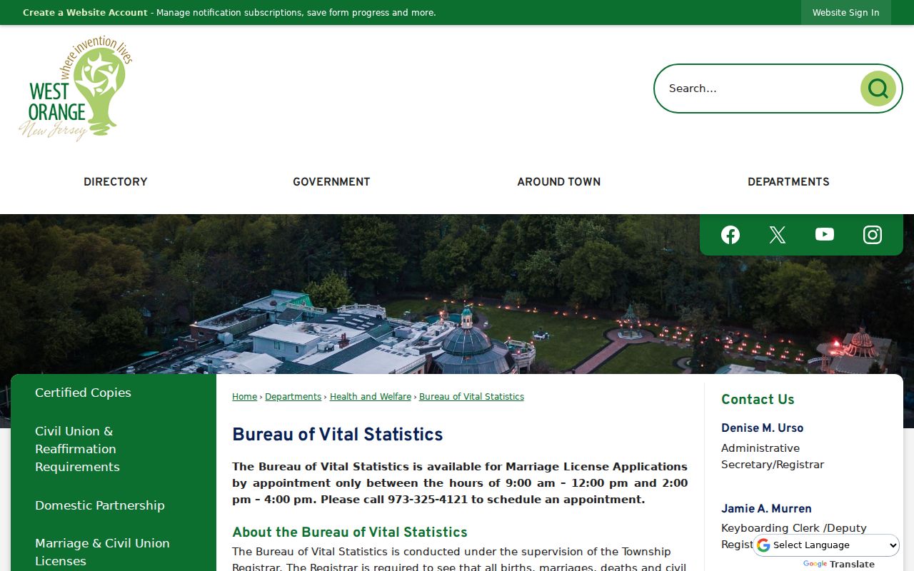 West Orange residents directory Bureau of Vital Statistics office page